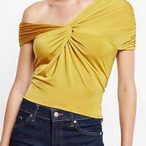Express Mustard Yellow Off-Shoulder Twist Crop Top